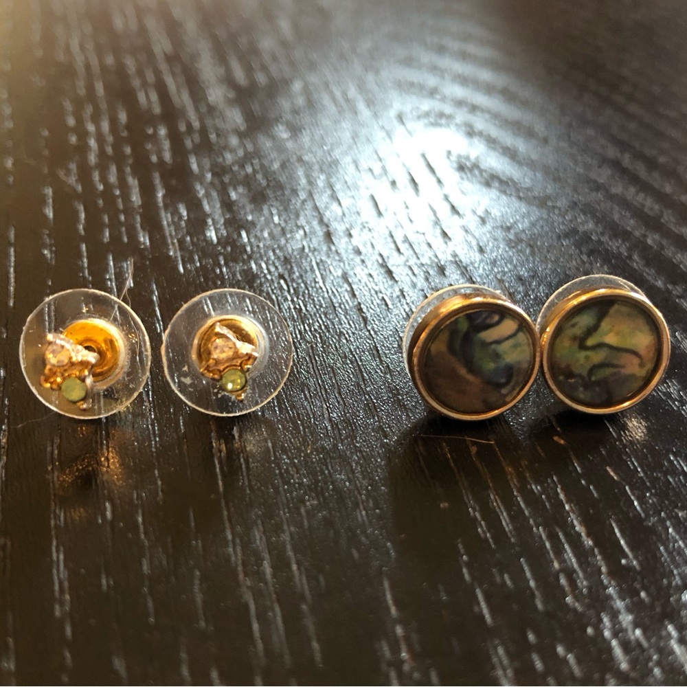 2 Pairs Earrings - Green, Blue, Purple Marble & Small White/Mint Faux Gold Studs